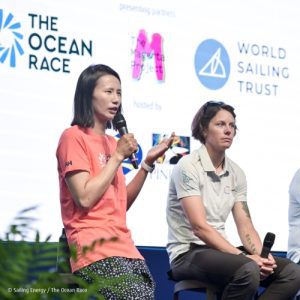 Lily Xu Lijia & Francesca Clapcich speaking at the On the Horizon DEI event in Genova during The Ocean Race 2022-23